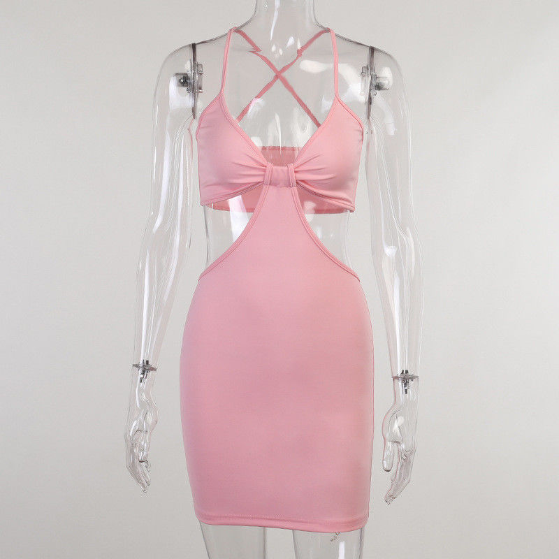Low Cut Halter Suspender Sexy Women Dresses 61cm Pink High Waist Hollow Stitching